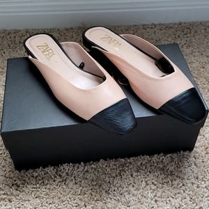 ZARA Nude/Black Leather Low Heel Cap Toe Mules